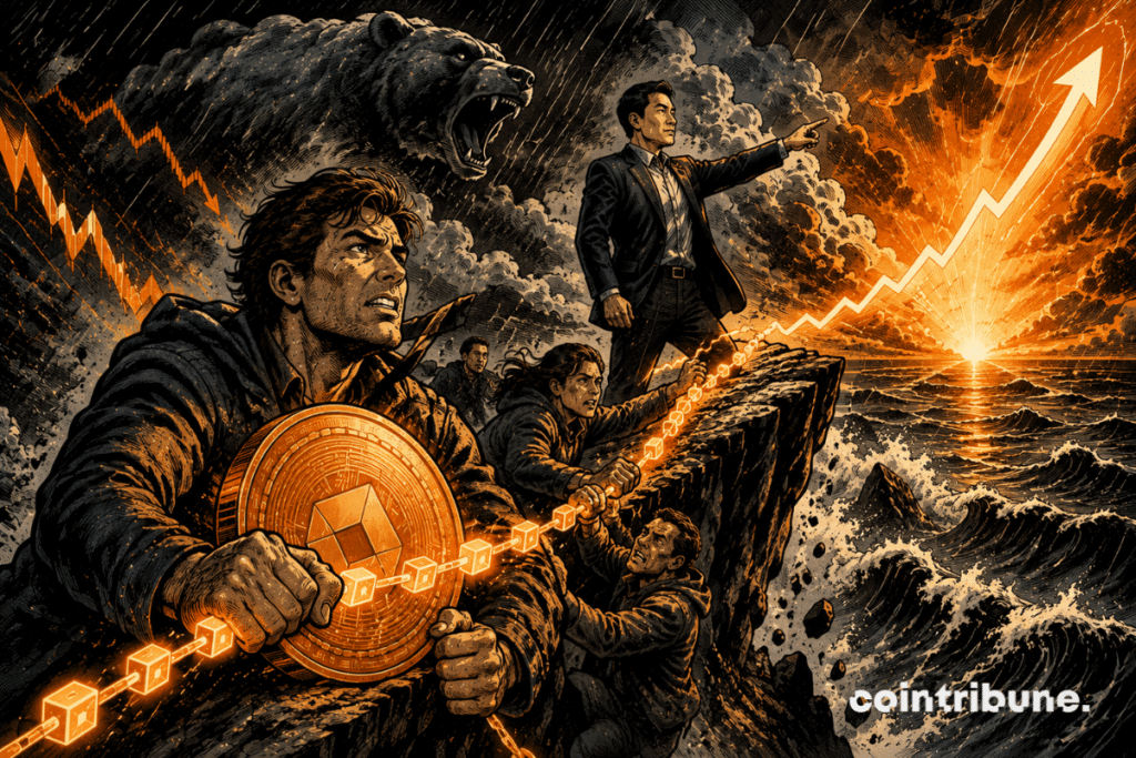 Crypto holders hold on to a Bitcoin coin in a storm, while an analyst points to an upward orange arrow.