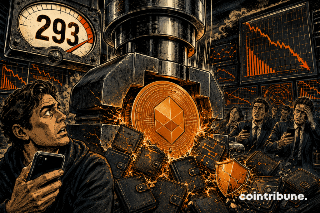 A Bitcoin coin is squeezed by a giant press, surrounded by cracked crypto wallets and a gauge reading 293.