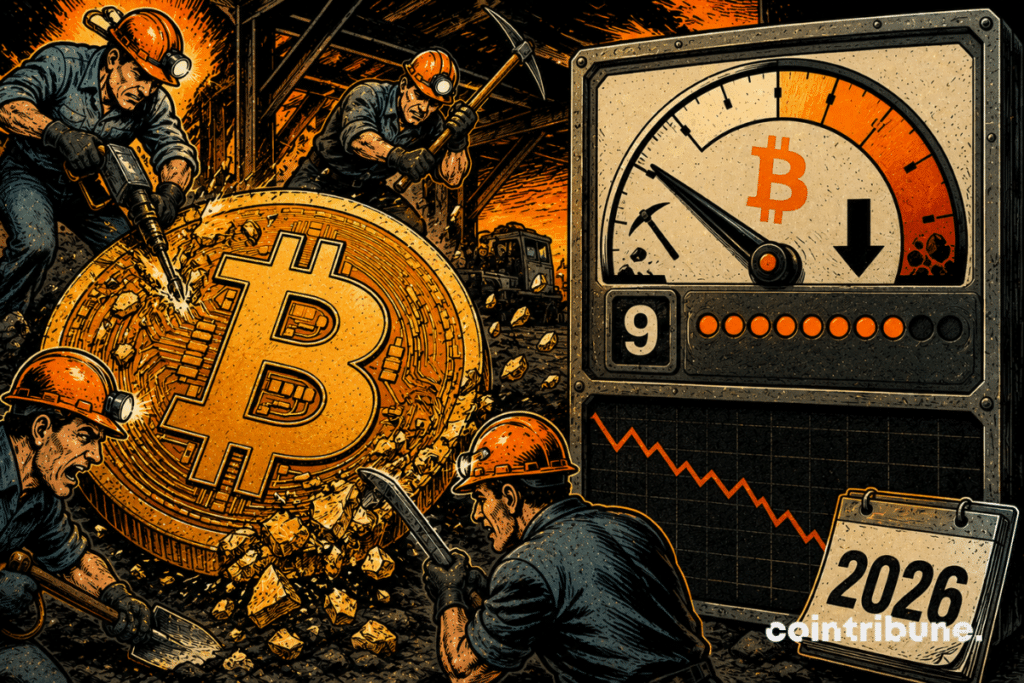 Retro comic book illustration showing Bitcoin miners adapting to a new drop in difficulty, symbol of a network in continuous rebalancing.