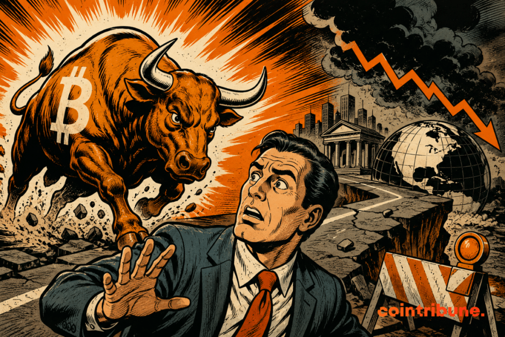 Illustration depicting Bitcoin facing a more complex economic environment, with a bull symbolizing the bull run while bond yields and traditional markets increase uncertainties.