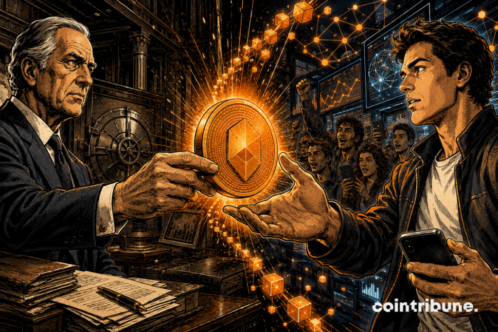 An elderly investor hands a glowing Bitcoin coin to a young trader surrounded by screens and digital blocks.