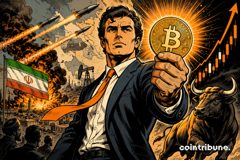 An investor holds up a beaming Bitcoin while missiles, smoke and bulls symbolize the spectacular resilience of cryptocurrencies in the face of tensions.