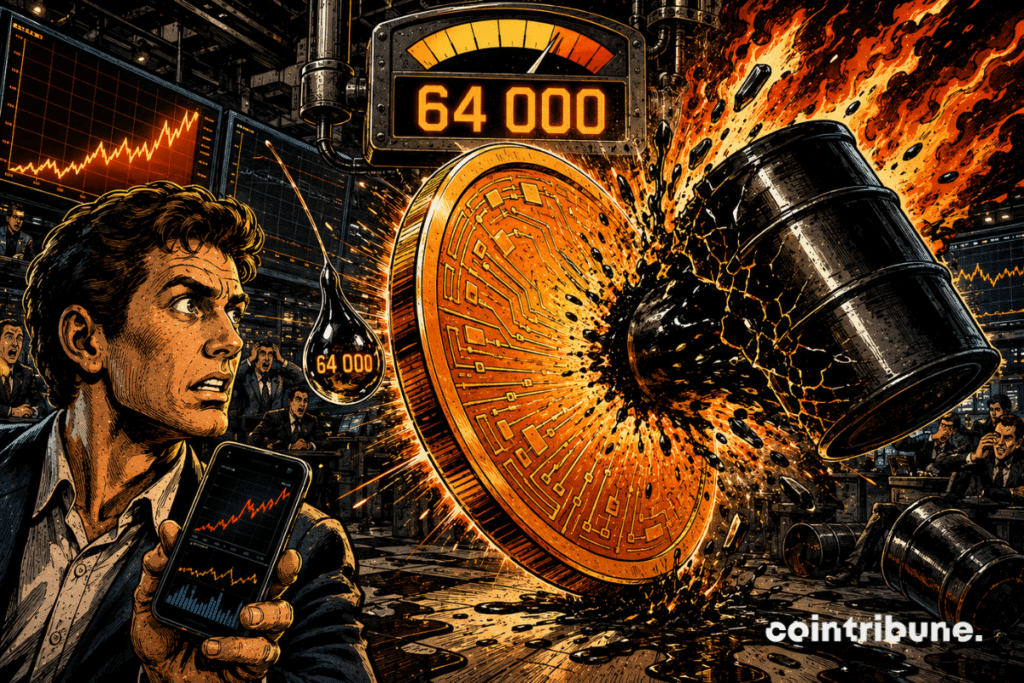 A Bitcoin coin shields itself from a burning barrel of oil, under a gauge reading 64,000.