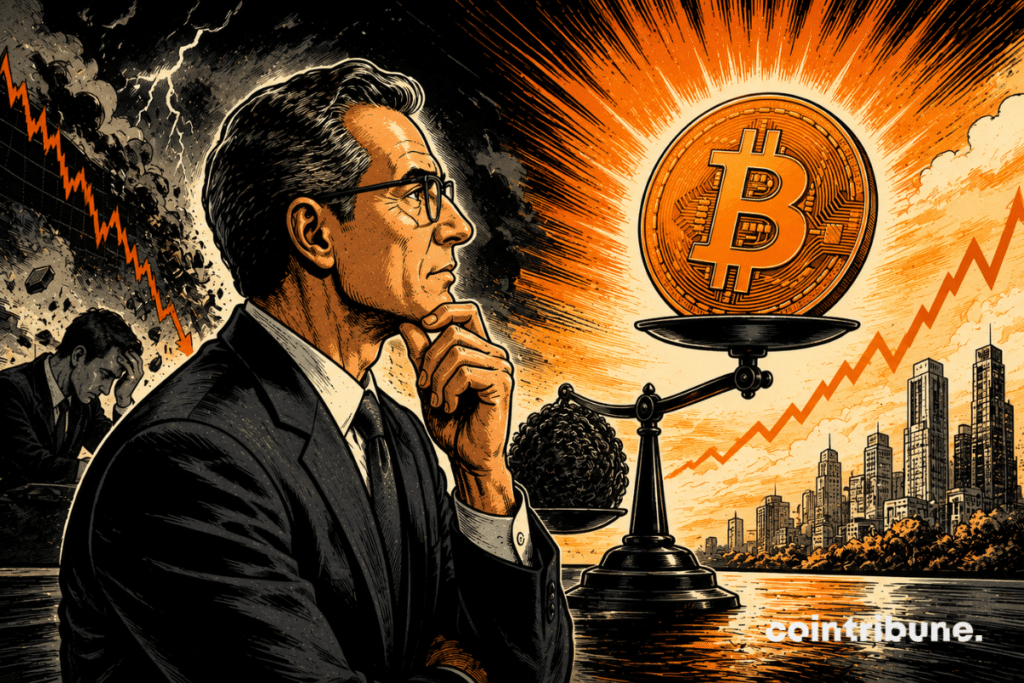 BlackRock CEO looks at a Bitcoin coin with optimism.