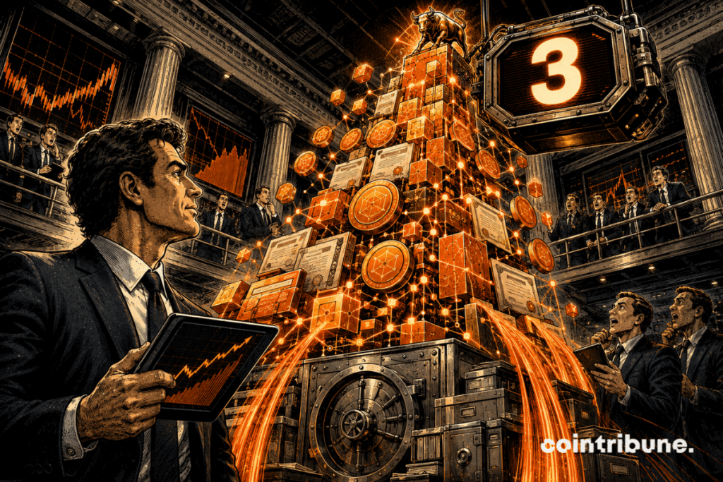 A tower of tokenized crypto funds rises from institutional vaults towards a counter reading 3.