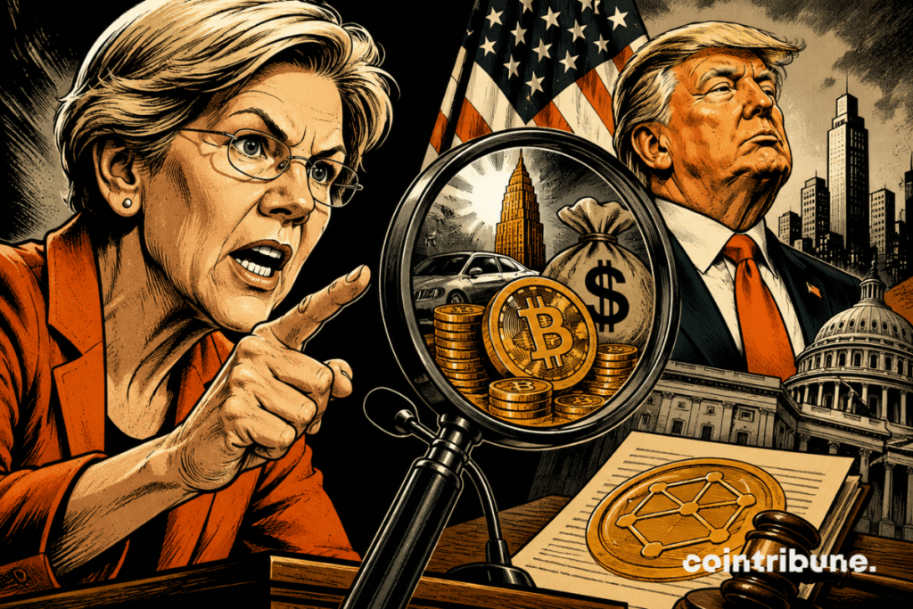 Vintage comic book illustration: Elizabeth Warren demands accountability, while Trump dominates the background, under a magnifying glass revealing crypto symbols, wealth and power.