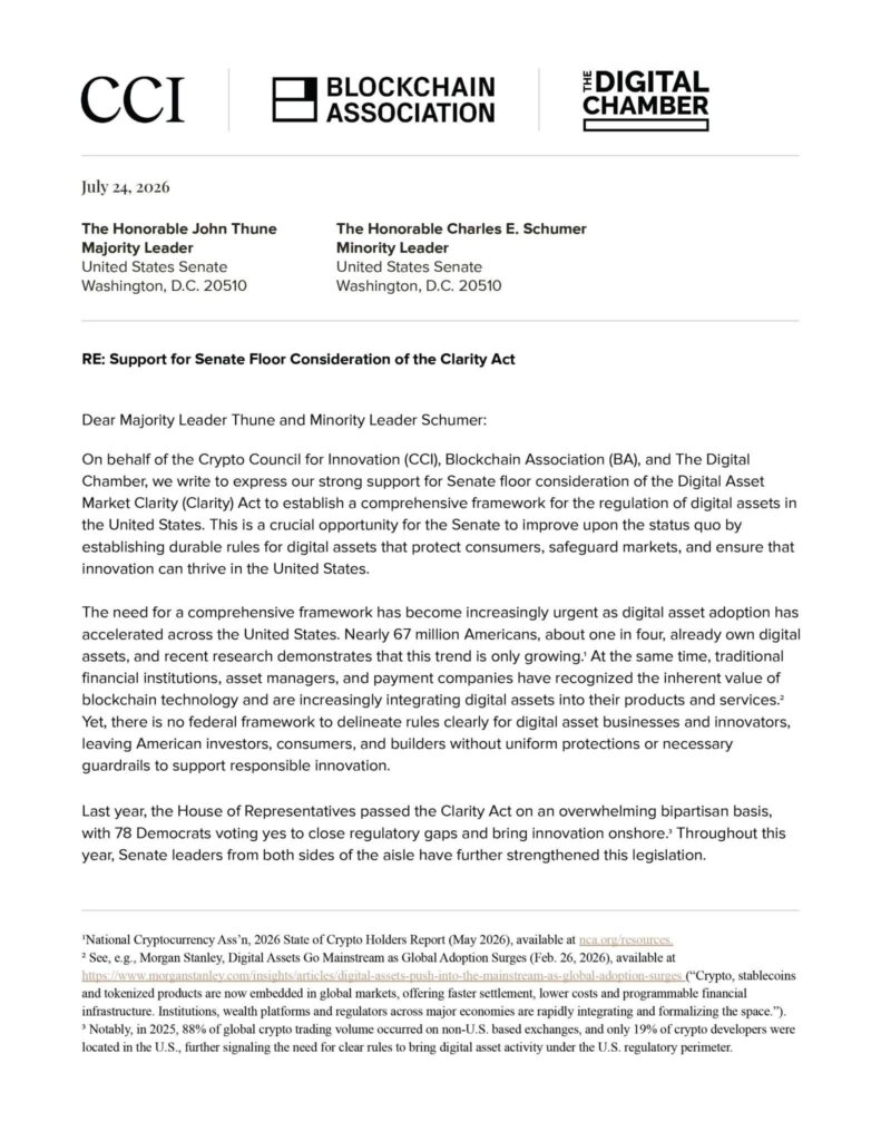 All three major digital asset advocacy groups in the United States, including the Crypto Council for Innovation (CCI), the Blockchain Association, and The Digital Chamber, have formally called on the Senate to pass the Clarity Act.