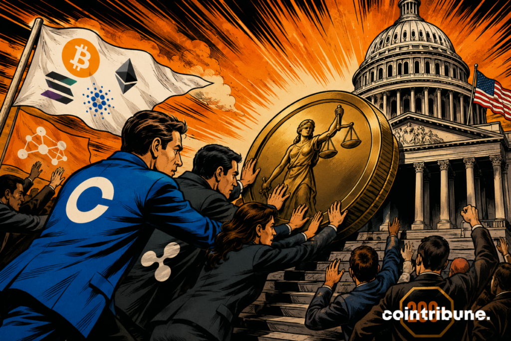Illustration depicting Coinbase, Ripple and the Crypto industry in front of the US Capitol in support of the CLARITY Act and calling for a clearer regulatory framework for digital assets.