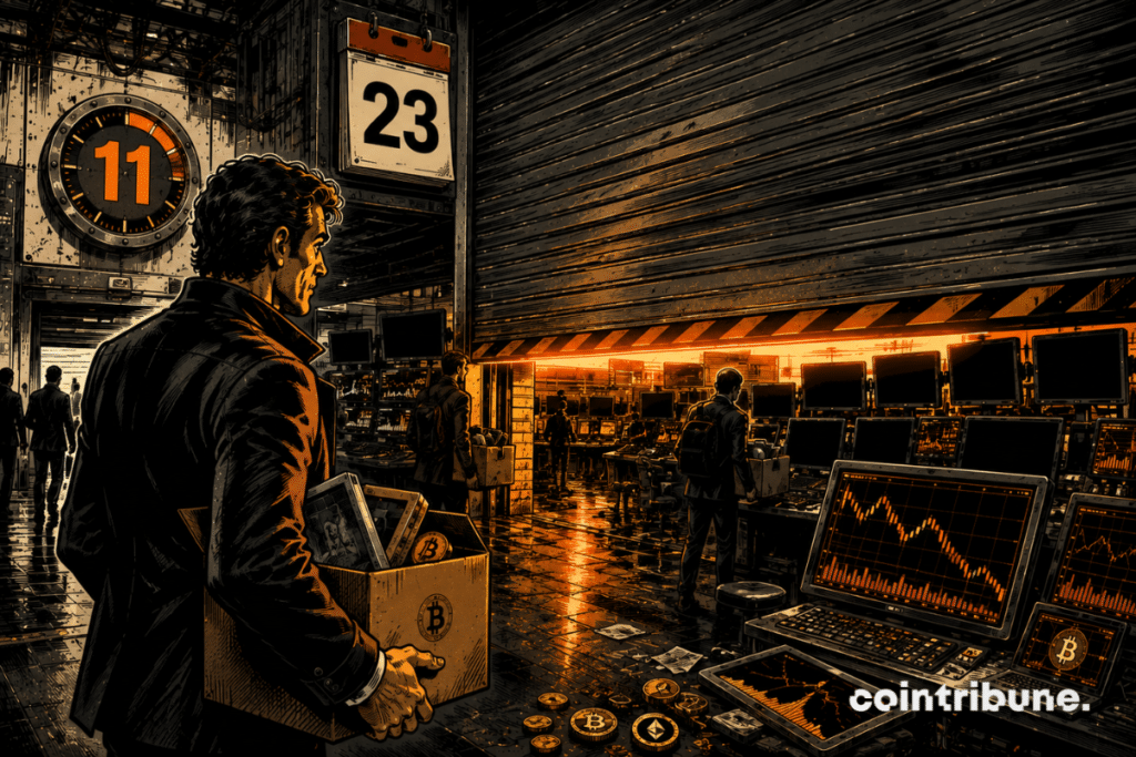 A trader leaves a closing crypto trading room, while a metal curtain descends below the numbers 23 and 11.