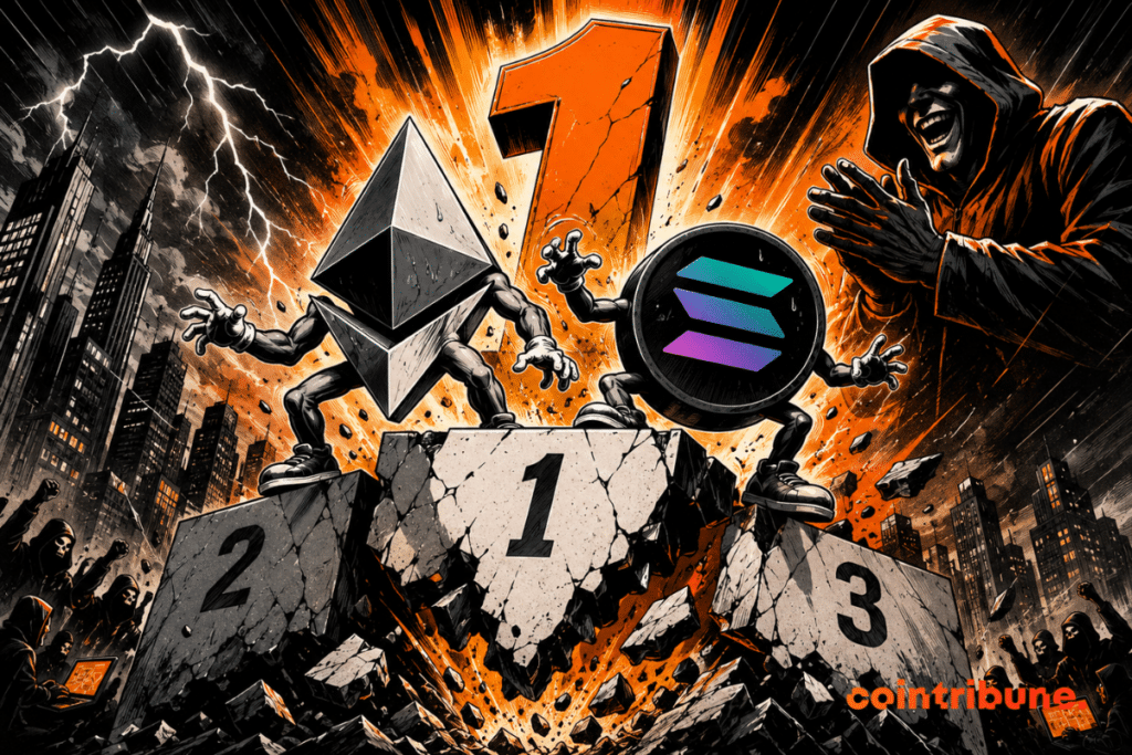 Ethereum and Solana collapse on a podium, under the gaze of a crypto hacker