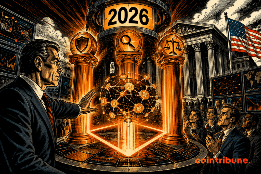 An American regulator activates three light pillars around a crypto globe, under a dial displaying 2026.