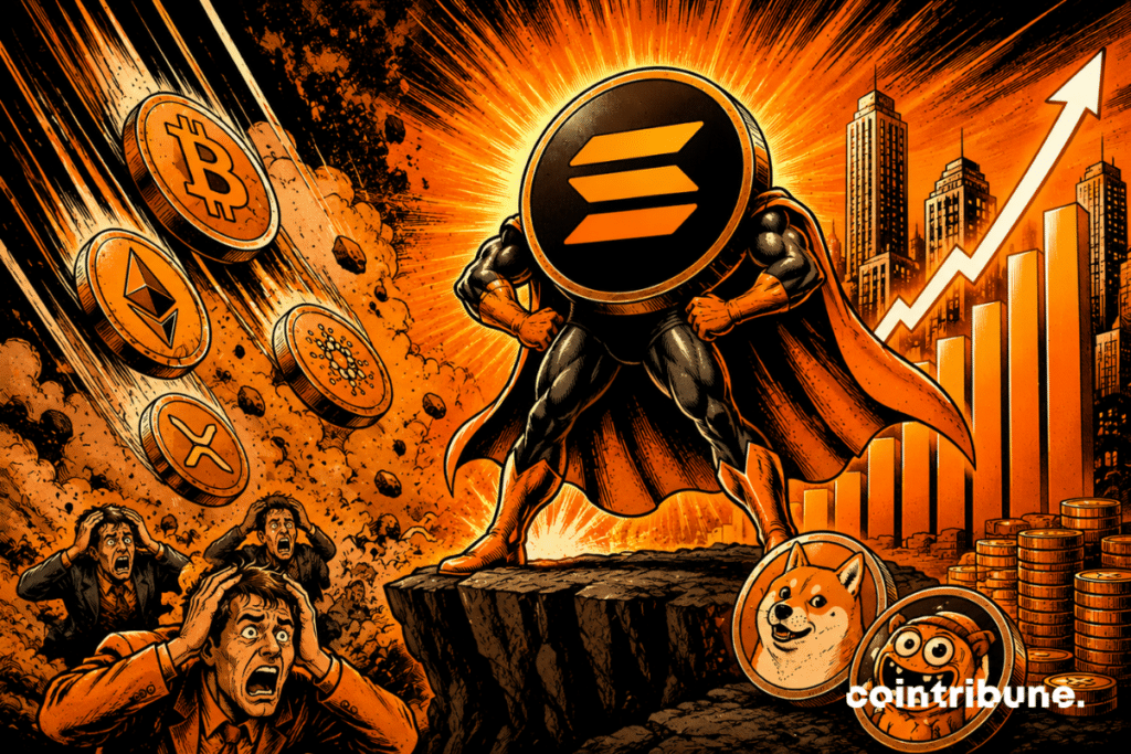 A crypto hero representing Solana resists the fall of altcoins.