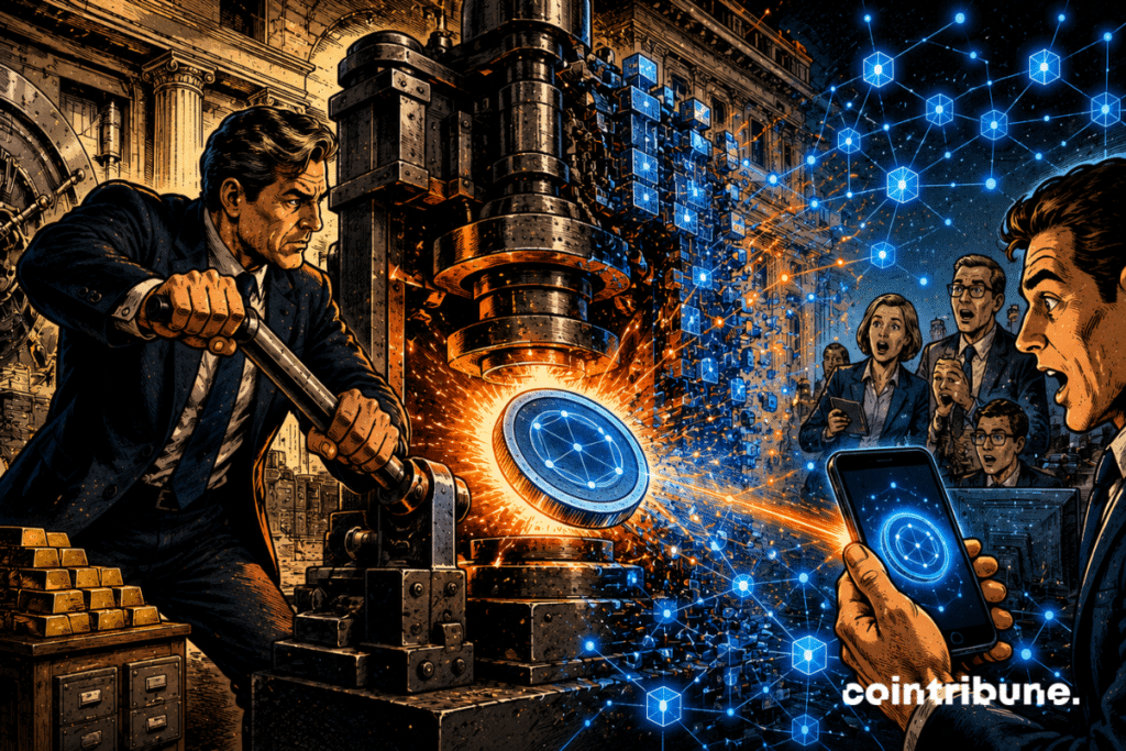A banker mints a digital crypto coin that joins a smartphone through a blockchain network.