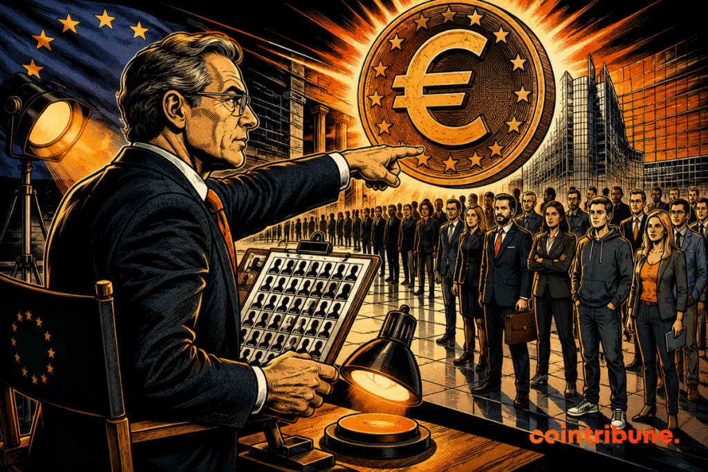 CBDC crypto: European manager selecting candidates in front of a huge digital euro coin