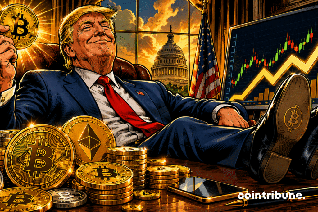 Donald Trump surrounded by crypto coins sits in the Oval Office.