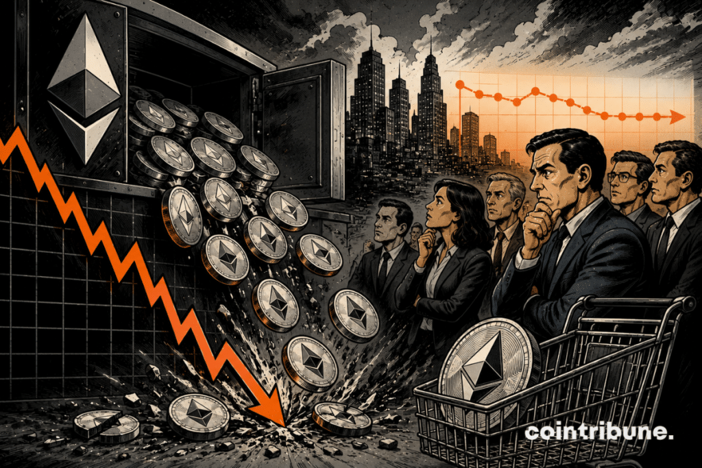 Investors watch Ethereum coins fall from a vault.