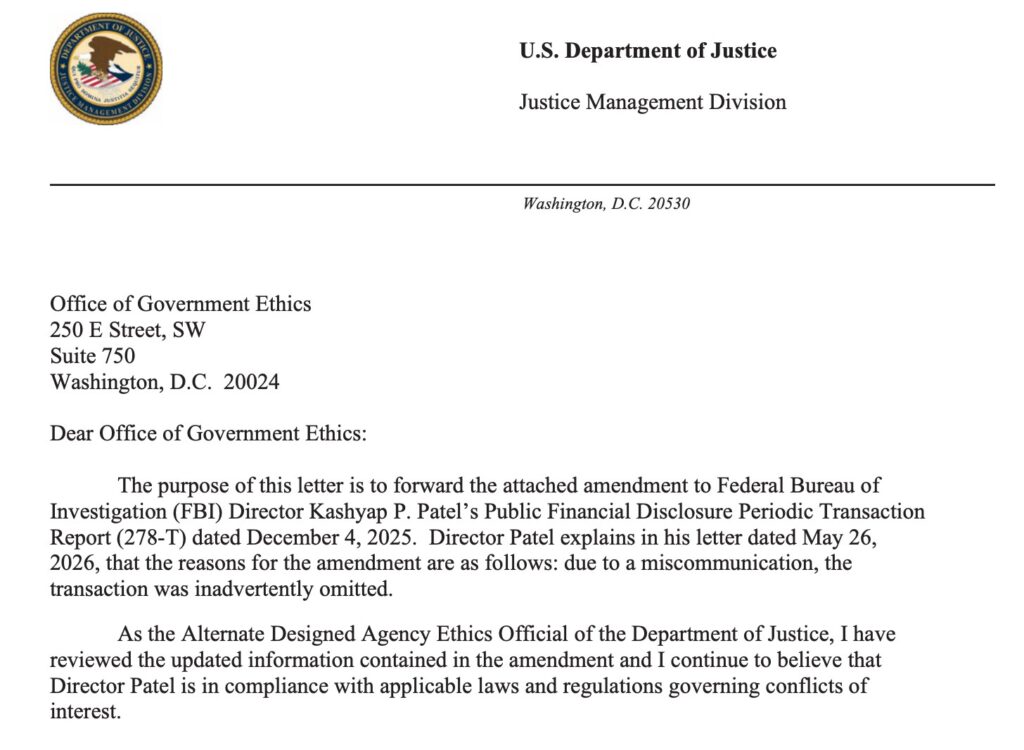 Official letter from the United States Department of Justice to the Office of Government Ethics regarding an amendment to FBI Director Kash Patel's financial disclosure statement explaining the inadvertent omission of a transaction.
