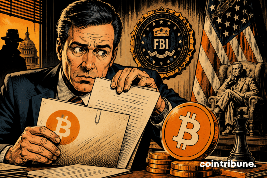Illustration of an FBI official holding Bitcoin-related documents, with the FBI logo and Bitcoin symbols, depicting the late reporting of an investment in Strategy.