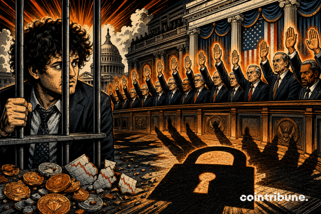 Sam Bankman-Fried appears isolated behind bars, facing American senators all raising their hands in refusal.