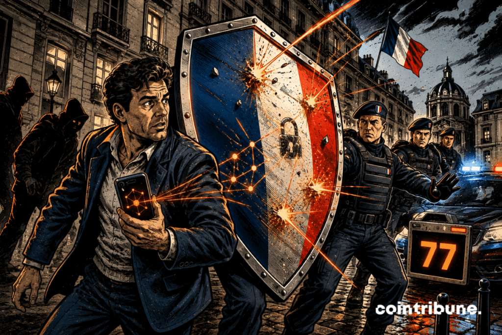 A crypto investor is protected by officers and a tricolor shield, while the number 77 appears in the background.