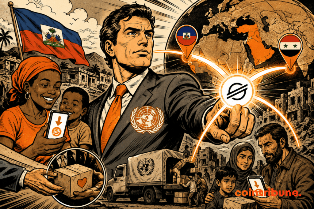 Illustration of UNDP using Stellar to develop on-chain payments in Haiti and Syria as part of humanitarian programs.