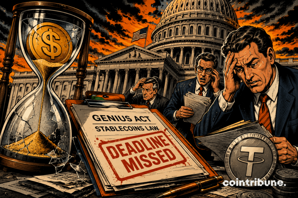 Retro comic book illustration showing American officials overwhelmed by the regulatory deadline, against a backdrop of stablecoin stability and political emergency.