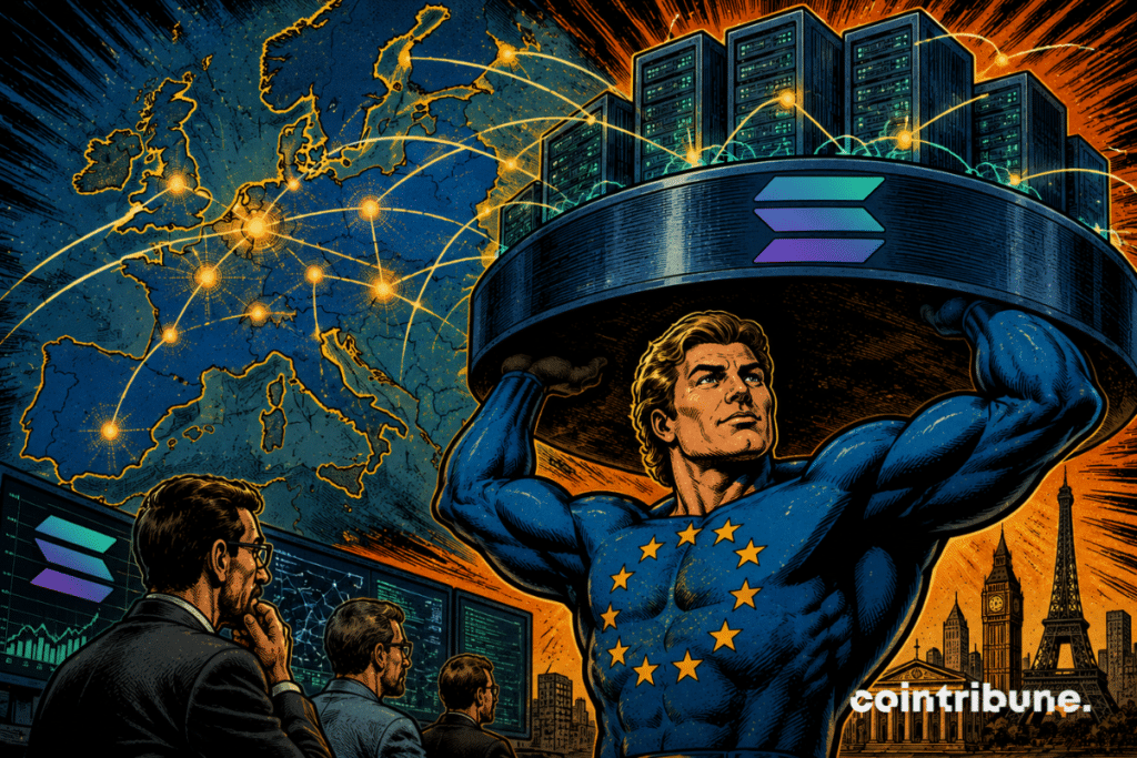 Retro comic book illustration depicting Europe strengthening Solana's infrastructure, with interconnected data centers and growing blockchain activity.