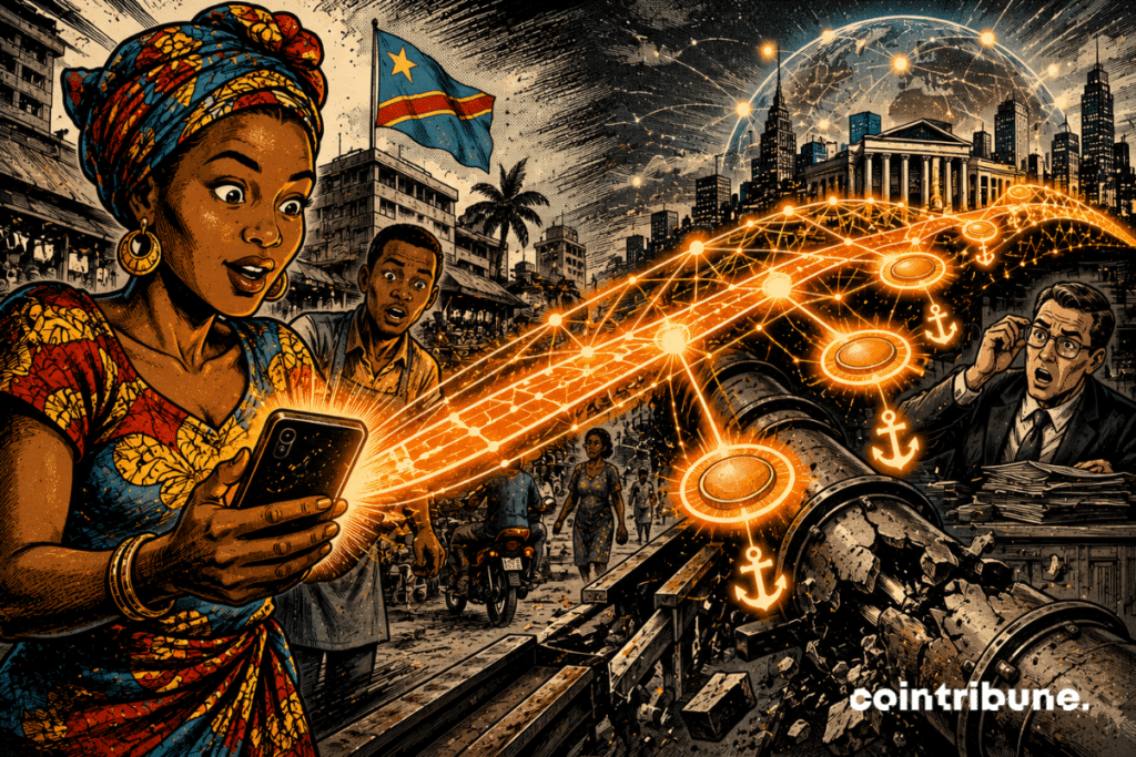 A Congolese user sends stablecoins from her smartphone to a global financial network, on top of an old broken banking rail.