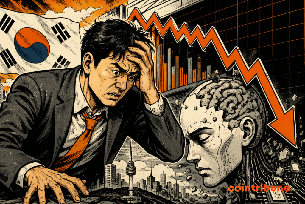 Illustration of the KOSPI falling sharply, with a worried investor in front of a falling graph, symbolizing doubts about investments in AI in South Korea.