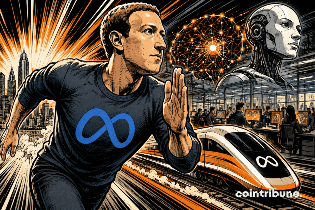 Illustration of Meta and Zuckerberg symbolizing the acceleration of investment in artificial intelligence and the pressure to achieve faster results.