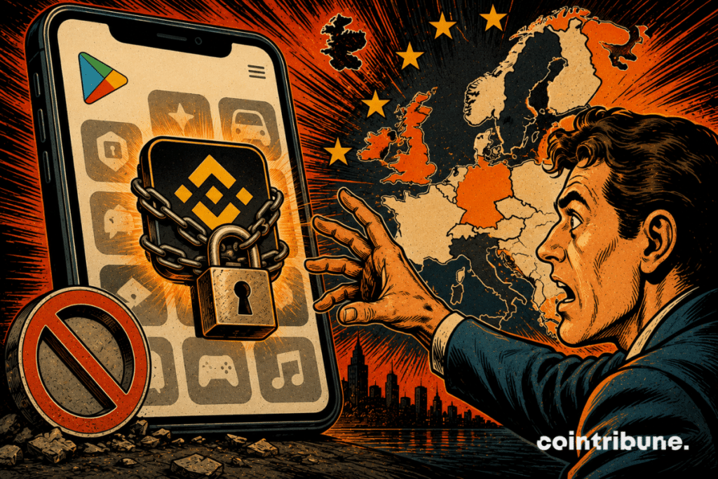 Retro comic book illustration showing Binance locked to smartphone as European restrictions make it harder for users to access the app.