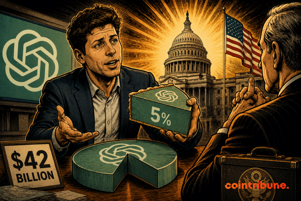 Sam Altman proposes a share of OpenAI to the American government, illustrating a strategic negotiation between technological innovation and public power.