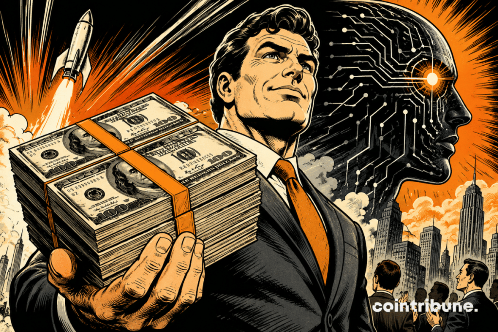 Illustration depicting Paradigm raising $1.2 billion to accelerate its AI investments, with wads of cash, a rocket, and an artificial intelligence face in the background.