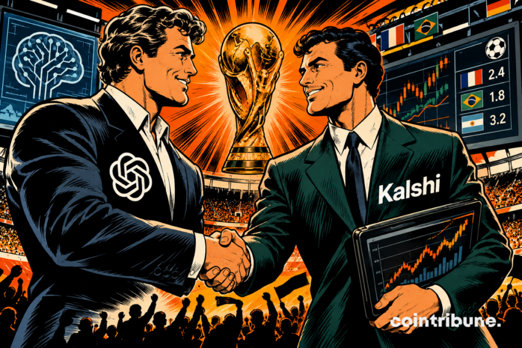 Illustration depicting OpenAI and Kalshi entering into a partnership around World Cup prediction markets, with a soccer trophy and probability charts in the background.