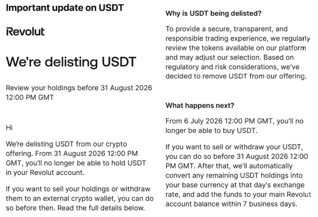 Screenshot of an email from Revolut announcing the delisting of USDT from its platform, with key deadlines and regulatory explanations.