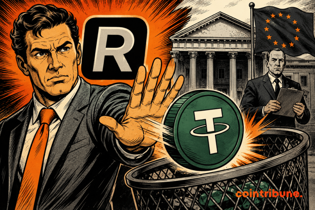 Illustration of Revolut removing USDT from its platform against the backdrop of European MiCA regulations.