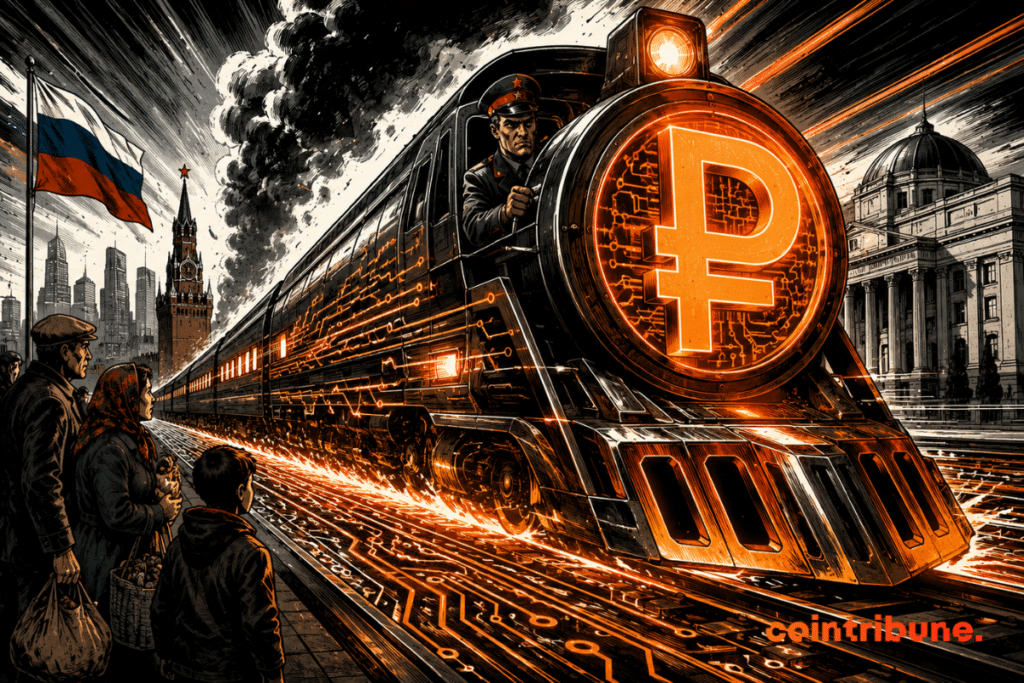 A digital ruble train rushes forward, imposing Russian financial modernization