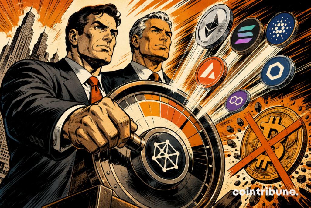 Illustration of S&P and Pantera launching a crypto index without bitcoin, highlighting Ether, Solana and other digital assets.