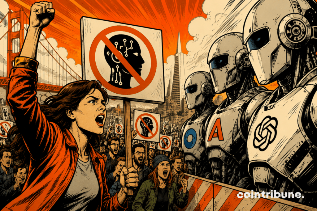 Illustration of a demonstration in San Francisco in front of the AI ​​giants, where protesters are demanding a pause in the development of advanced models from OpenAI, Anthropic and DeepMind.