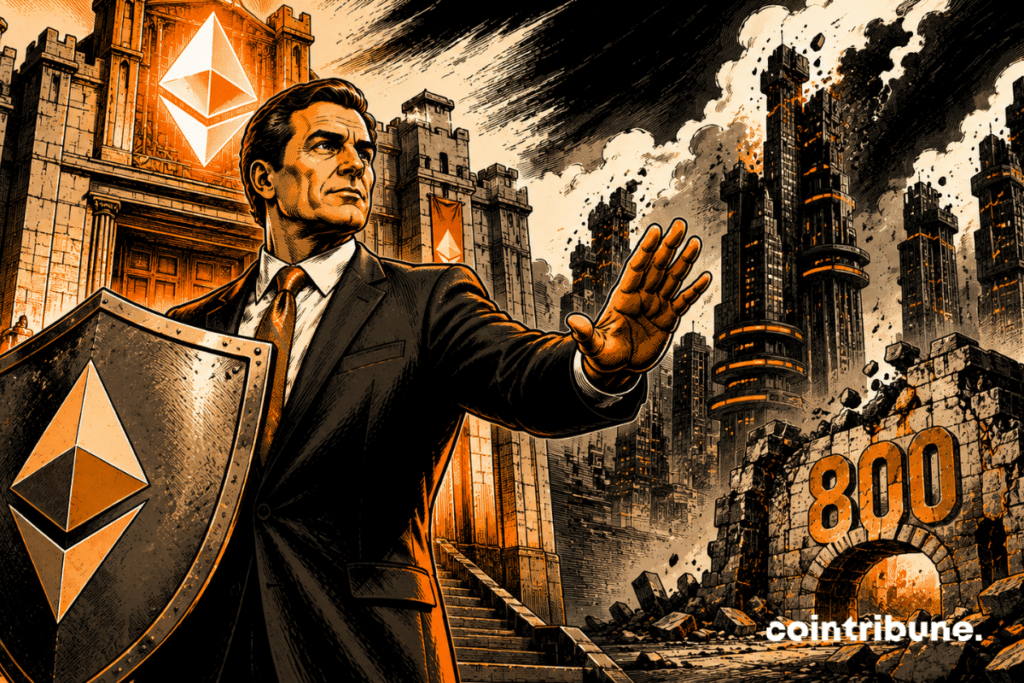 A leader protects a symbolic fortress while a neighboring city collapses, illustrating two opposing trajectories in the Solana and Ethereum blockchain ecosystem.