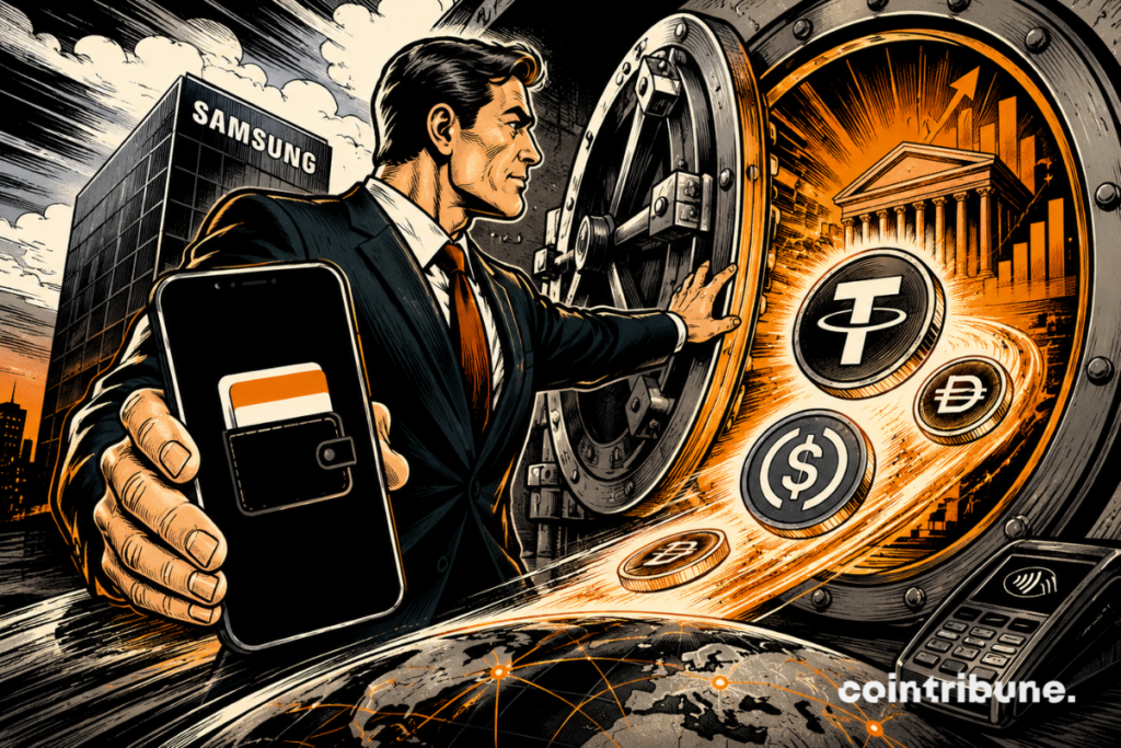 Illustration depicting Samsung integrating stablecoins into Samsung Wallet, with a smartphone, digital vault and tokens symbolizing payments and digital assets.