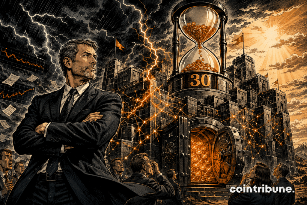 Michael Saylor stands in front of a storm-proof crypto fortress, topped with an hourglass marked 30.