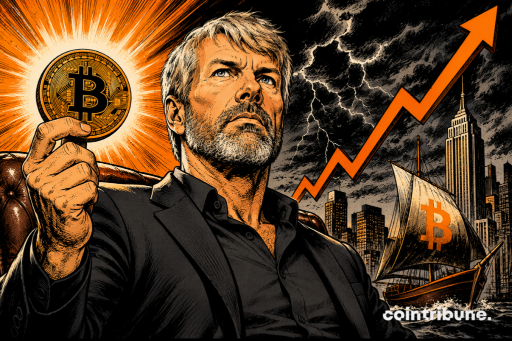Michael Saylor holds up a Bitcoin as Strategy reveals its resistance threshold in the face of a prolonged Bitcoin decline.
