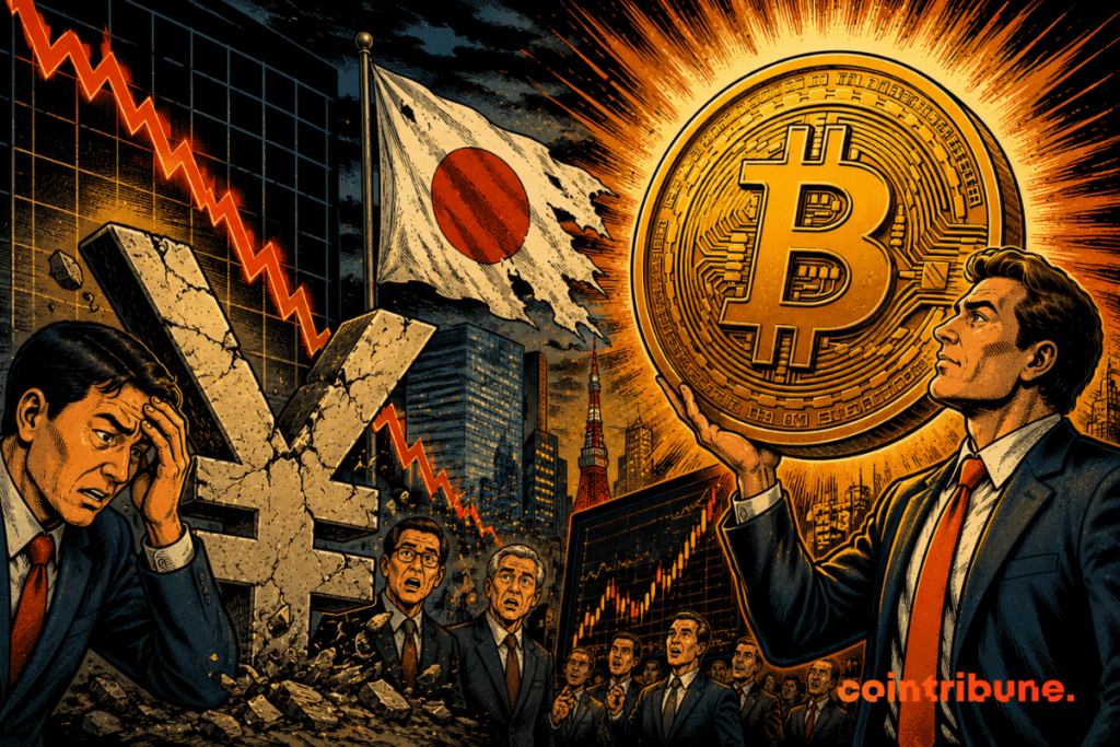 Retro comics illustration contrasting the historic collapse of the yen with the rise of Bitcoin, which has once again become a major alternative in the face of monetary uncertainties.