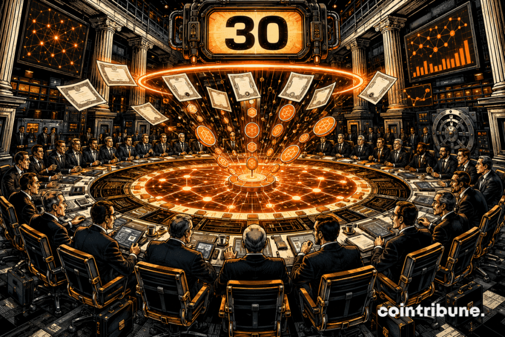 Thirty financial executives surround a light table where certificates are transformed into digital tokens.