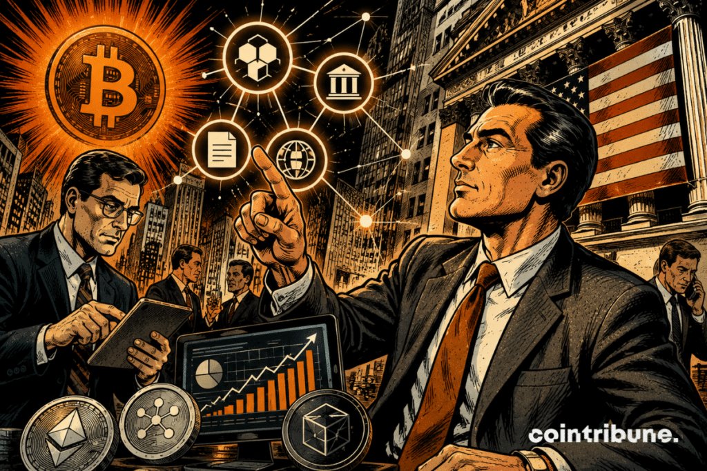 Illustration depicting Wall Street and asset tokenization, with the Bitcoin logo, blockchain symbols, financial charts and executives in suits in front of the New York Stock Exchange, illustrating the convergence between traditional finance and digital assets.
