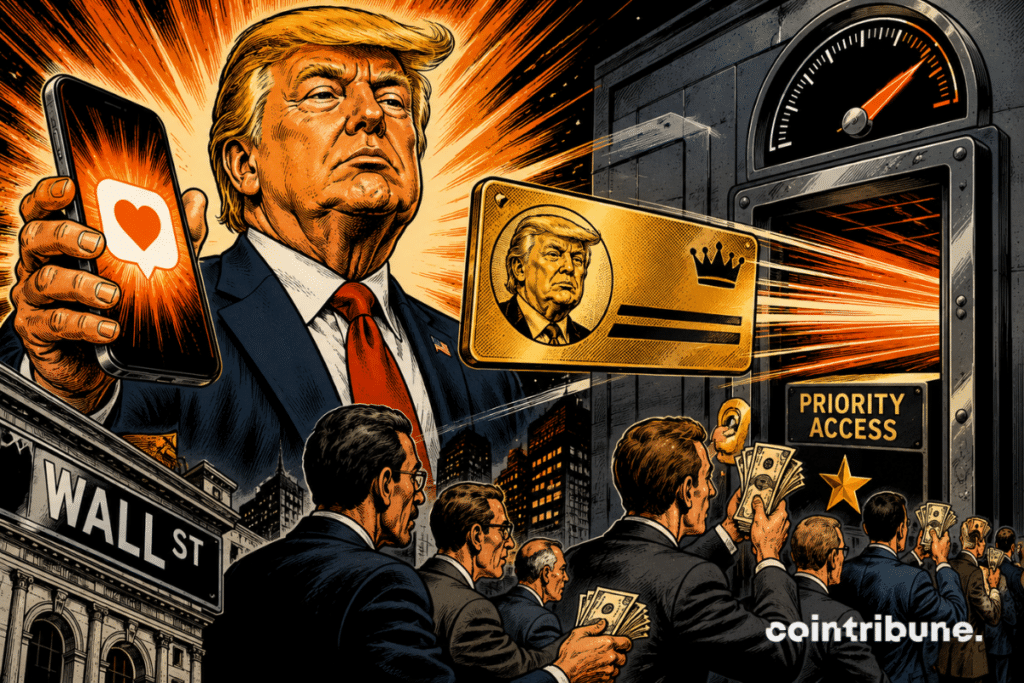 Retro comic book illustration depicting Donald Trump broadcasting a priority message, while investors compete for lightning-fast access to Wall Street.