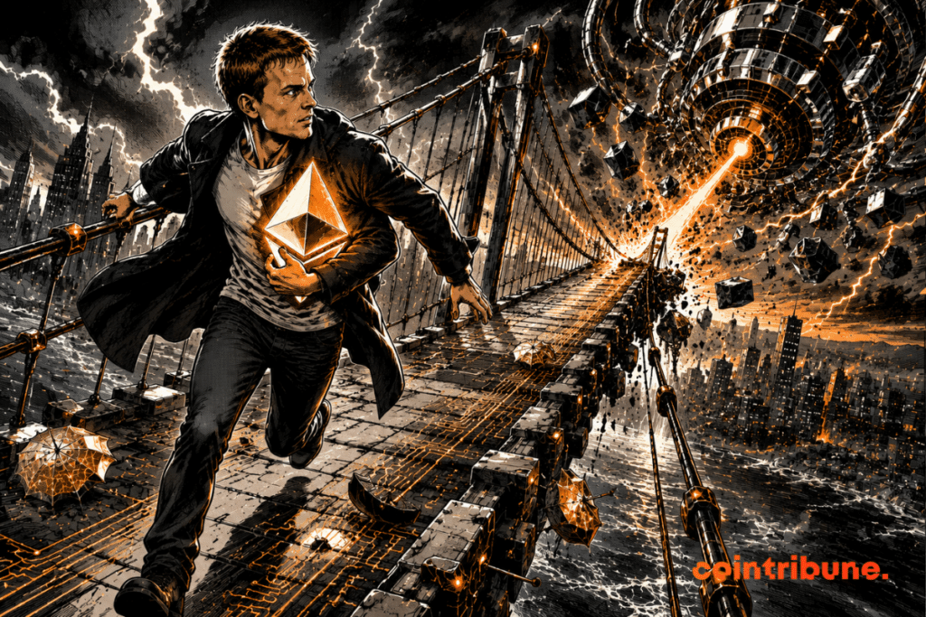 Vitalik flees across a bridge, protecting Ethereum from a quantum attack