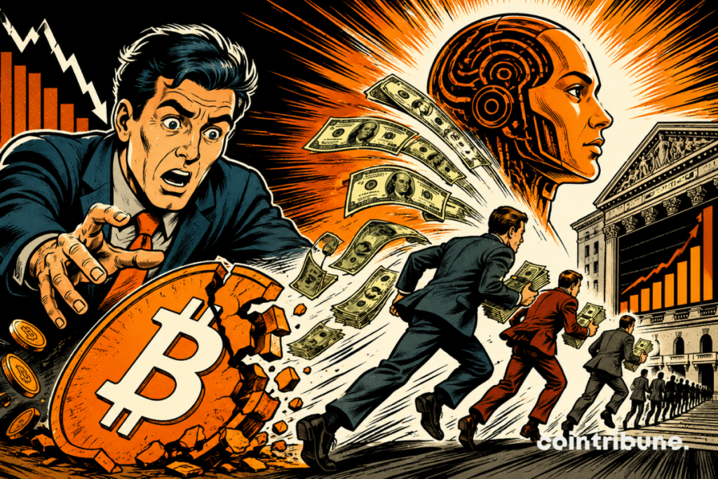 70s comic book illustration showing capital fleeing broken Bitcoin and crypto towards artificial intelligence and booming stock markets.