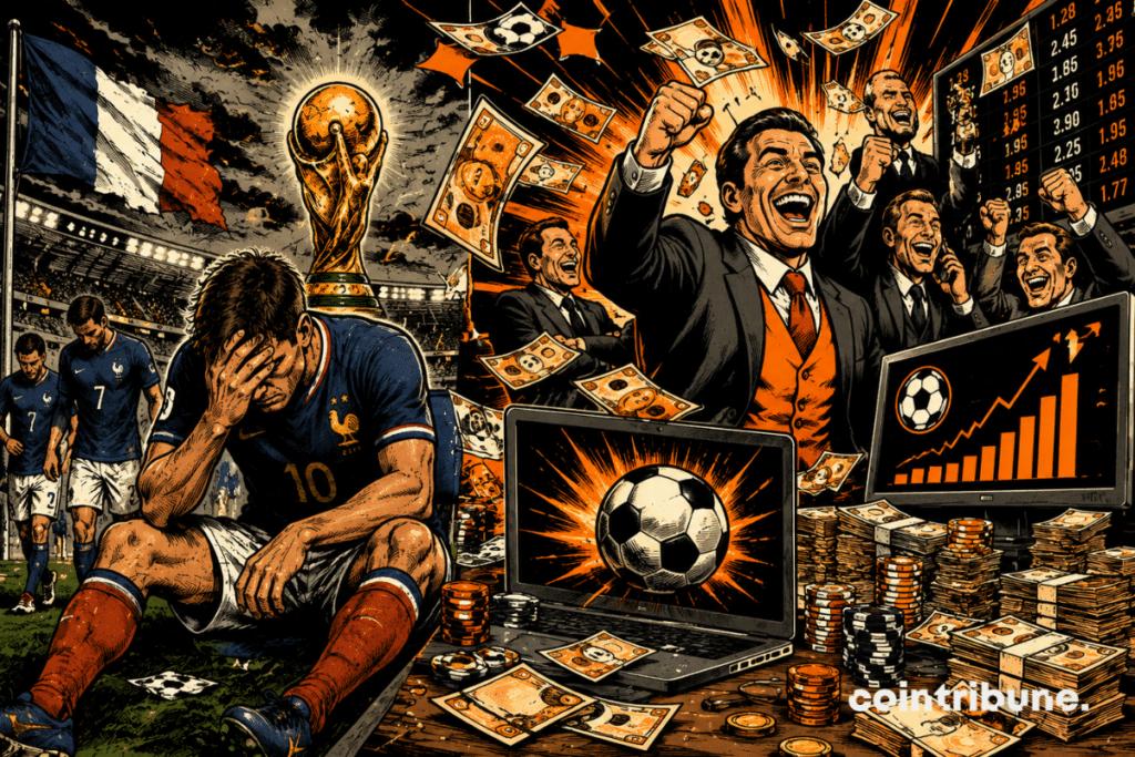 Retro comics illustration contrasting the distress of French players with the euphoria of bookmakers, symbolizing losses avoided thanks to their elimination at the World Cup.